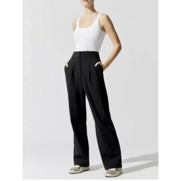 Carbon38 High Rise Wide Leg Pleated Stretch Woven Black Pants - Size Small - Picture 2 of 7